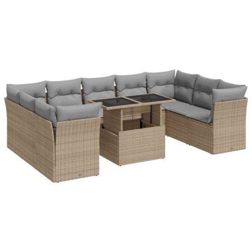 10-Piece Garden Sofa Set with Cushions Beige Poly Rattan Wicker Outdoor Patio Furniture - Image 13