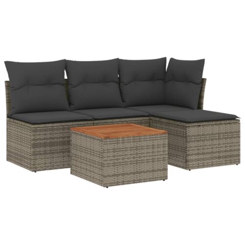 5-Piece Garden Sofa Set with Cushions Grey Poly Rattan Wicker Outdoor Patio Furniture - Image 5