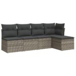 5-Piece Garden Sofa Set with Cushions Grey Poly Rattan Wicker Outdoor Patio Furniture