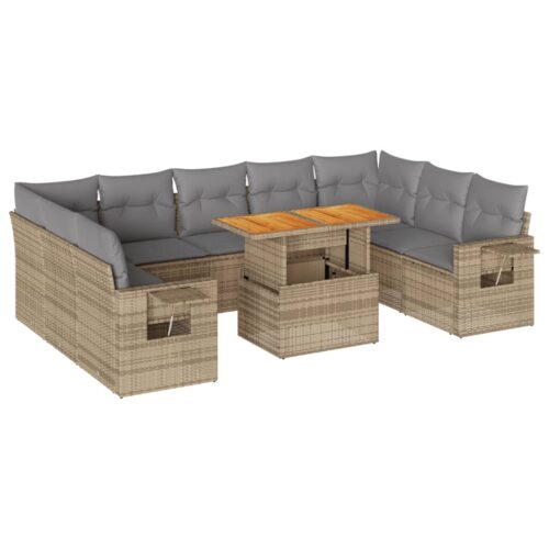 10-Piece Garden Sofa Set with Cushions Beige Poly Rattan Wicker Outdoor Patio Furniture