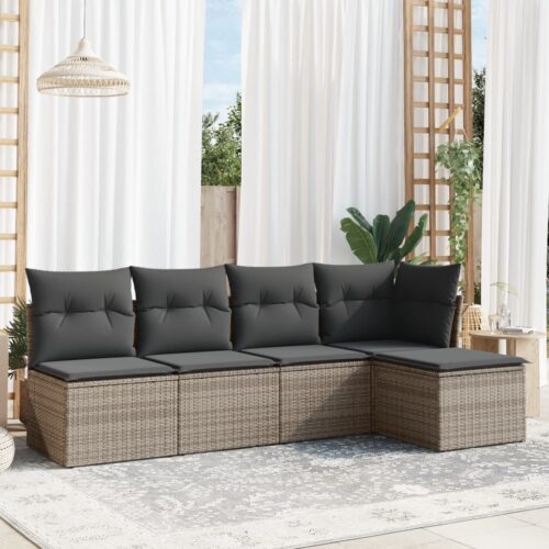 5-Piece Garden Sofa Set with Cushions Grey Poly Rattan Wicker Outdoor Patio Furniture - Image 2