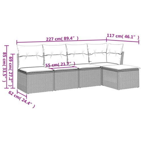 5-Piece Garden Sofa Set with Cushions Grey Poly Rattan Wicker Outdoor Patio Furniture - Image 3