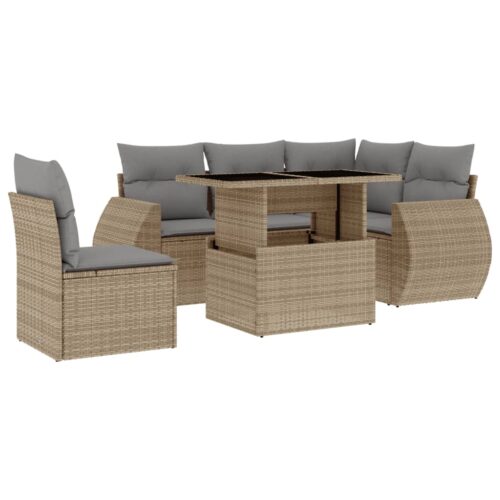 6-Piece Garden Sofa Set with Cushions Beige Poly Rattan Wicker Outdoor Patio Furniture - Image 13