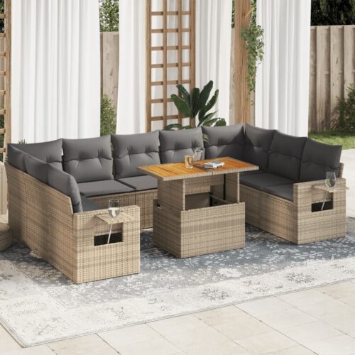 10-Piece Garden Sofa Set with Cushions Beige Poly Rattan Wicker Outdoor Patio Furniture - Image 2