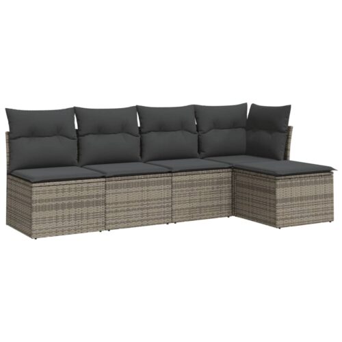 5-Piece Garden Sofa Set with Cushions Grey Poly Rattan Wicker Outdoor Patio Furniture - Image 5