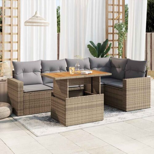 6-Piece Garden Sofa Set with Cushions Beige Poly Rattan Wicker Outdoor Patio Furniture - Image 2