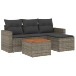 5-Piece Garden Sofa Set with Cushions Grey Poly Rattan Wicker Outdoor Patio Furniture