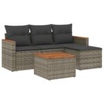 5-Piece Garden Sofa Set with Cushions Grey Poly Rattan Wicker Outdoor Patio Furniture