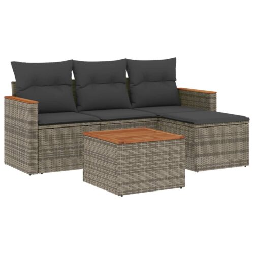 5-Piece Garden Sofa Set with Cushions Grey Poly Rattan Wicker Outdoor Patio Furniture