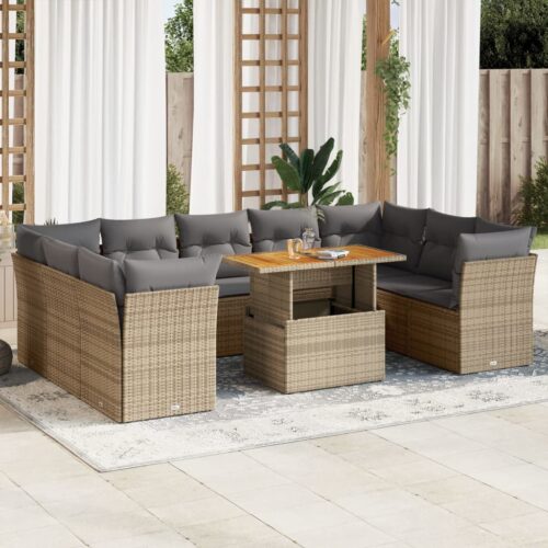 10-Piece Garden Sofa Set with Cushions Beige Poly Rattan Wicker Outdoor Patio Furniture - Image 2