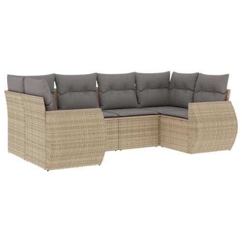 6-Piece Garden Sofa Set with Cushions Beige Poly Rattan Wicker Outdoor Patio Furniture - Image 5