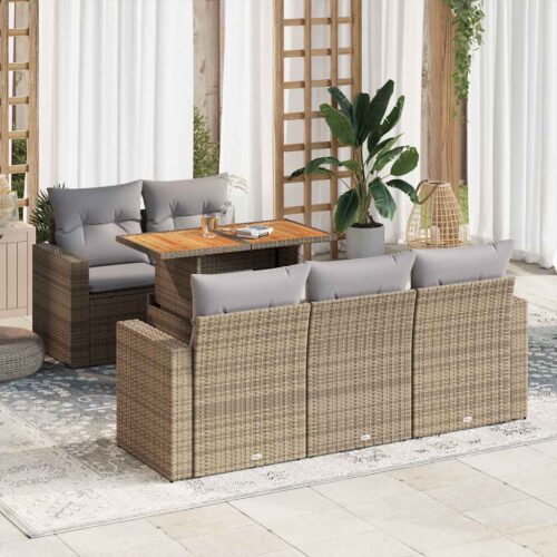 6-Piece Garden Sofa Set with Cushions Beige Poly Rattan Wicker Outdoor Patio Furniture - Image 2