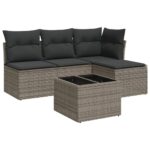 5-Piece Garden Sofa Set with Cushions Grey Poly Rattan Wicker Outdoor Patio Furniture