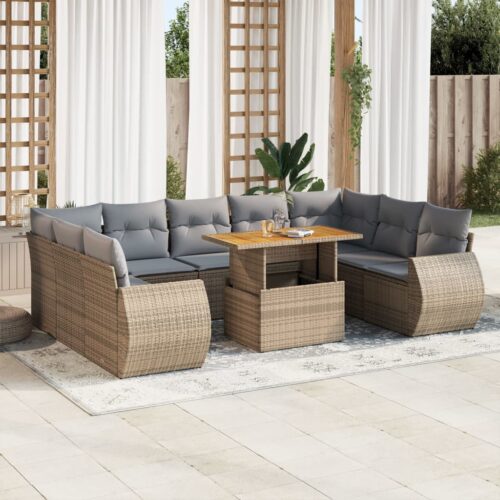 10-Piece Garden Sofa Set with Cushions Beige Poly Rattan Wicker Outdoor Patio Furniture - Image 2