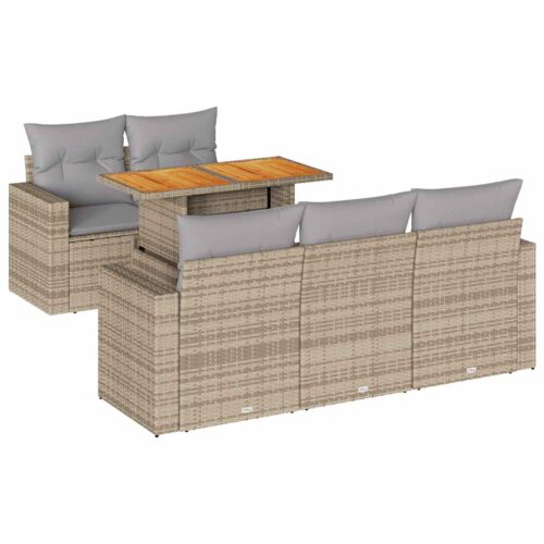 6-Piece Garden Sofa Set with Cushions Beige Poly Rattan Wicker Outdoor Patio Furniture - Image 13