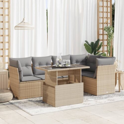 6-Piece Garden Sofa Set with Cushions Beige Poly Rattan Wicker Outdoor Patio Furniture - Image 2