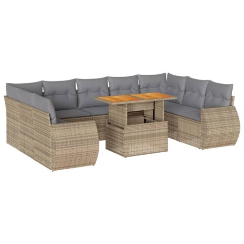 10-Piece Garden Sofa Set with Cushions Beige Poly Rattan Wicker Outdoor Patio Furniture - Image 13