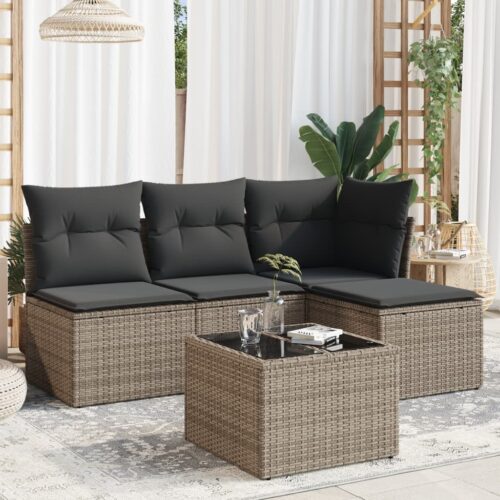 5-Piece Garden Sofa Set with Cushions Grey Poly Rattan Wicker Outdoor Patio Furniture - Image 2