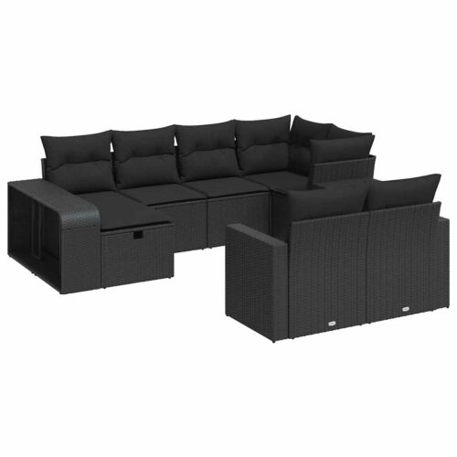 10-Piece Garden Sofa Set with Cushions Black Poly Rattan Wicker Outdoor Patio Furniture