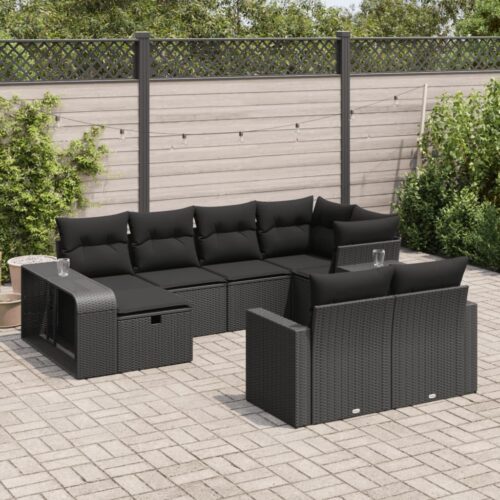 10-Piece Garden Sofa Set with Cushions Black Poly Rattan Wicker Outdoor Patio Furniture - Image 2