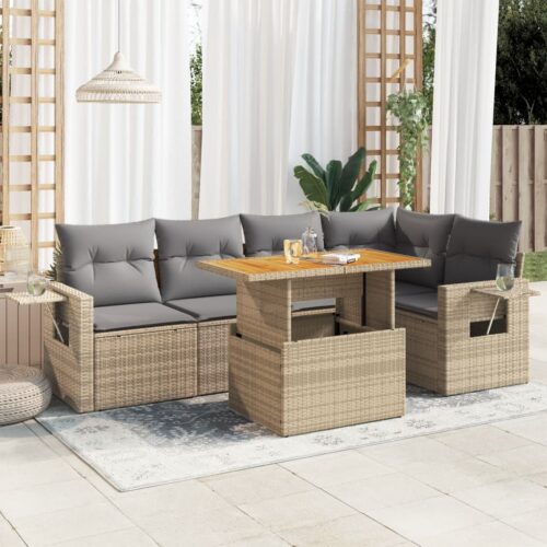 6-Piece Garden Sofa Set with Cushions Beige Poly Rattan Wicker Outdoor Patio Furniture - Image 2