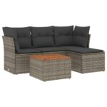 5-Piece Garden Sofa Set with Cushions Grey Poly Rattan Wicker Outdoor Patio Furniture