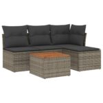 5-Piece Garden Sofa Set with Cushions Grey Poly Rattan Wicker Outdoor Patio Furniture