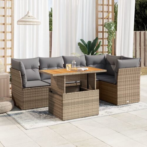 6-Piece Garden Sofa Set with Cushions Beige Poly Rattan Wicker Outdoor Patio Furniture - Image 2