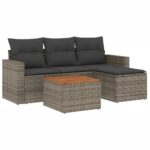 5-Piece Garden Sofa Set with Cushions Grey Poly Rattan Wicker Outdoor Patio Furniture