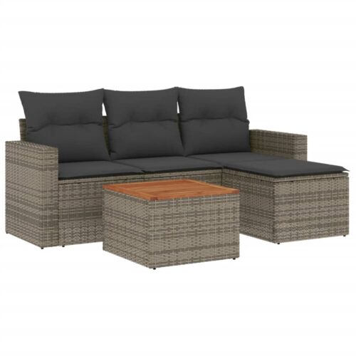 5-Piece Garden Sofa Set with Cushions Grey Poly Rattan Wicker Outdoor Patio Furniture
