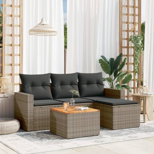 5-Piece Garden Sofa Set with Cushions Grey Poly Rattan Wicker Outdoor Patio Furniture - Image 2