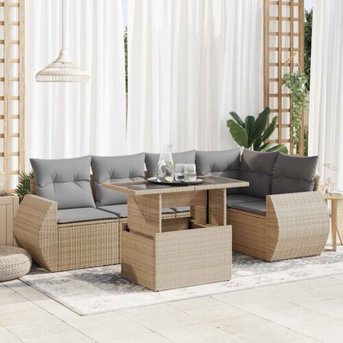 6-Piece Garden Sofa Set with Cushions Beige Poly Rattan Wicker Outdoor Patio Furniture - Image 2