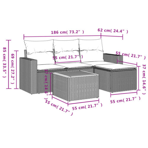 5-Piece Garden Sofa Set with Cushions Grey Poly Rattan Wicker Outdoor Patio Furniture - Image 11