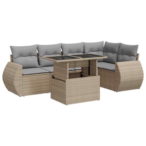6-Piece Garden Sofa Set with Cushions Beige Poly Rattan Wicker Outdoor Patio Furniture - Image 13