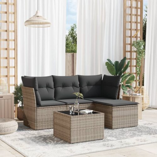 5-Piece Garden Sofa Set with Cushions Grey Poly Rattan Wicker Outdoor Patio Furniture - Image 2