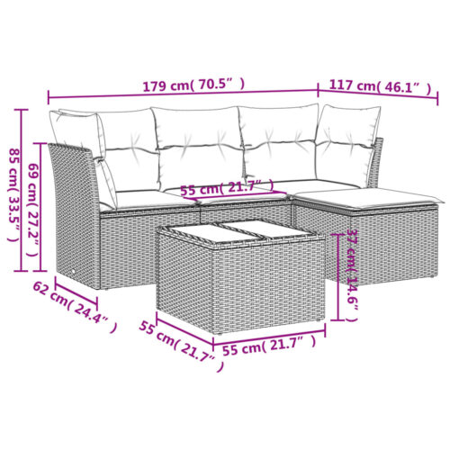 5-Piece Garden Sofa Set with Cushions Grey Poly Rattan Wicker Outdoor Patio Furniture - Image 3