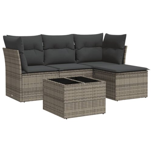 5-Piece Garden Sofa Set with Cushions Grey Poly Rattan Wicker Outdoor Patio Furniture - Image 5