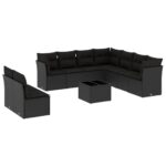 10-Piece Garden Sofa Set with Cushions Black Poly Rattan Wicker Outdoor Patio Furniture