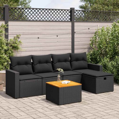 6-Piece Garden Sofa Set with Cushions Black Poly Rattan Wicker Outdoor Patio Furniture - Image 2