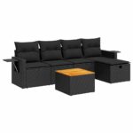6-Piece Garden Sofa Set with Cushions Black Poly Rattan Wicker Outdoor Patio Furniture