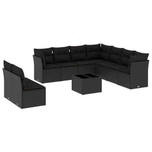 10-Piece Garden Sofa Set with Cushions Black Poly Rattan Wicker Outdoor Patio Furniture - Image 5