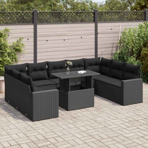 10-Piece Garden Sofa Set with Cushions Black Poly Rattan Wicker Outdoor Patio Furniture - Image 2