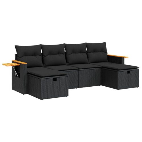 6-Piece Garden Sofa Set with Cushions Black Poly Rattan Wicker Outdoor Patio Furniture