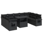 10-Piece Garden Sofa Set with Cushions Black Poly Rattan Wicker Outdoor Patio Furniture
