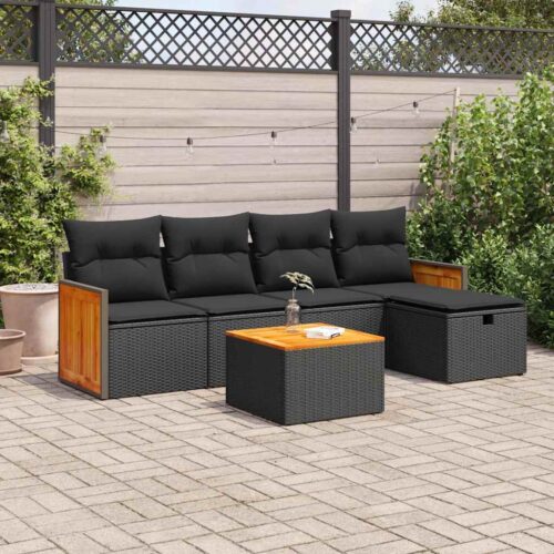 6-Piece Garden Sofa Set with Cushions Black Poly Rattan Wicker Outdoor Patio Furniture - Image 2