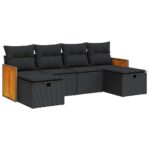 6-Piece Garden Sofa Set with Cushions Black Poly Rattan Wicker Outdoor Patio Furniture