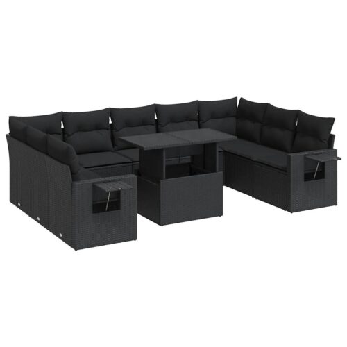 10-Piece Garden Sofa Set with Cushions Black Poly Rattan Wicker Outdoor Patio Furniture - Image 13