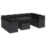 10-Piece Garden Sofa Set with Cushions Black Poly Rattan Wicker Outdoor Patio Furniture