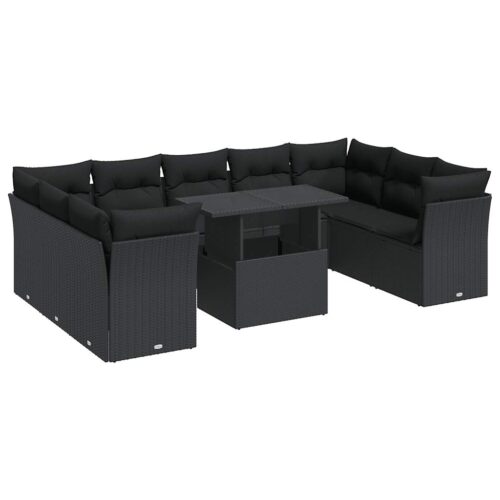 10-Piece Garden Sofa Set with Cushions Black Poly Rattan Wicker Outdoor Patio Furniture