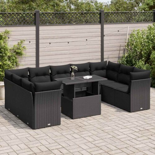 10-Piece Garden Sofa Set with Cushions Black Poly Rattan Wicker Outdoor Patio Furniture - Image 2